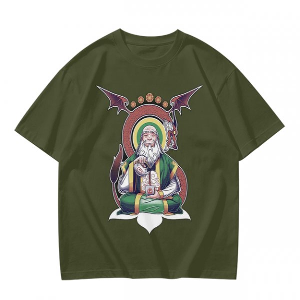 Olive T-Shirt With Meditating Wise Old Man And Dragon Art Print