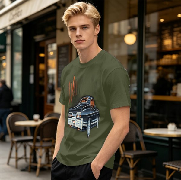 Olive Green Graphic T-Shirt with Classic Dark Car and Orange Text Print