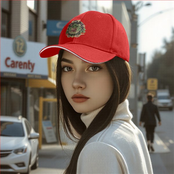 Black baseball cap with vegetable soup themed graphic print