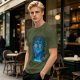 Olive T-shirt with Glowing Blue Cheshire Cat Graphic