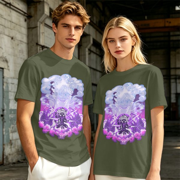 Olive T-shirt with Luffy Gear 5 Sun God Nika Anime Graphic Print