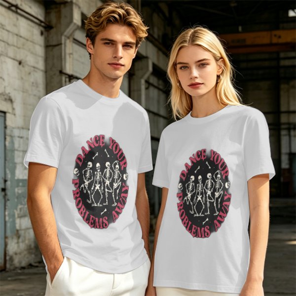 Olive T-shirt with Dancing Skeletons and 'Dance Your Problems Away' Text