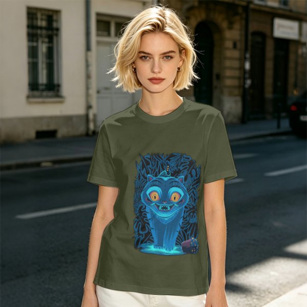 Olive T-shirt with Glowing Blue Cheshire Cat Graphic