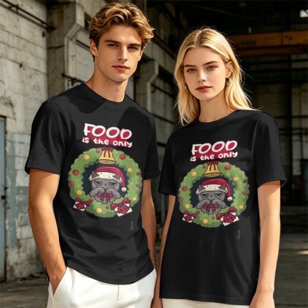 Food is the only Christmas grumpy cat wreath graphic tee