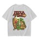 Olive green pizza graphic t-shirt with playful pizza slice characters