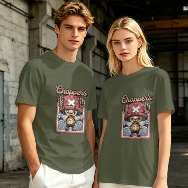 Olive T-Shirt with Tony Tony Chopper Lifting Weights Graphic