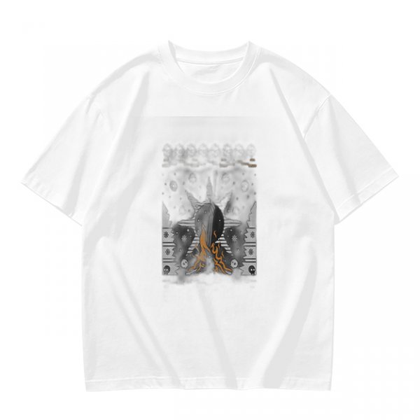 Olive green graphic t-shirt with symmetrical dark and orange artwork
