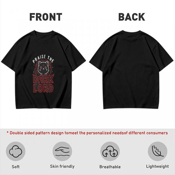 Olive t-shirt with 'Praise the Dark Lord' and dark cat graphic