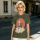 Olive T-shirt with a cat warrior riding a flying cloud graphic