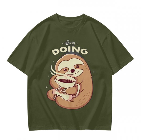 Olive green sloth t-shirt with 'Busy Doing' coffee graphic