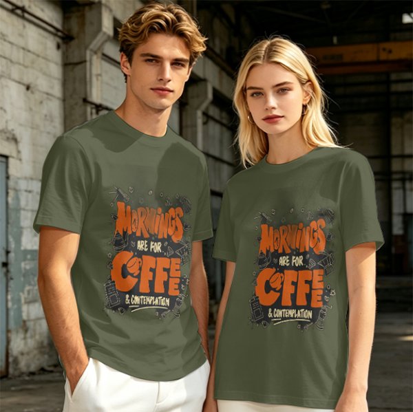 Olive t-shirt with 'Mornings are for coffee & contemplation' print