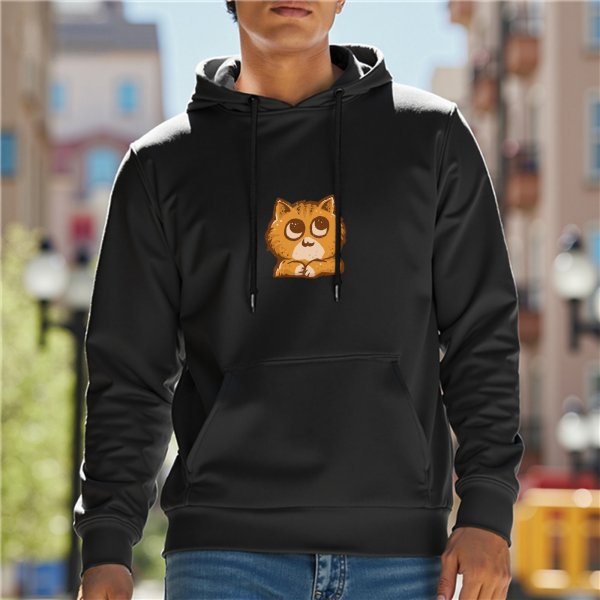 Black hoodie with cute wide-eyed orange cat graphic