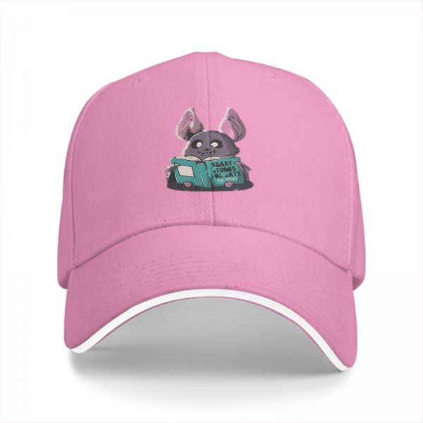 Black baseball cap with cute bat reading scary stories book print