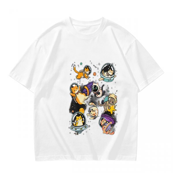 Olive T-Shirt With Playful Space Cats Graphic Print