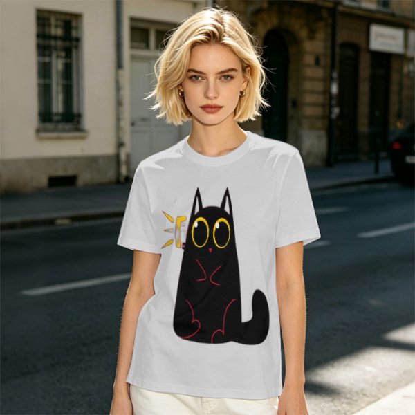 Olive Green T-Shirt With Surprised Black Cat Graphic Print