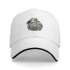 Black baseball cap with stressed skeleton graphic and crisis quote
