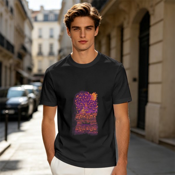 Olive T-Shirt with Purple Sunset Boat Scene Graphic