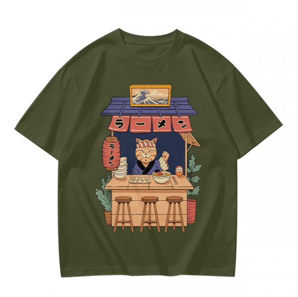 Olive T-Shirt with Cat Ramen Shop Artwork
