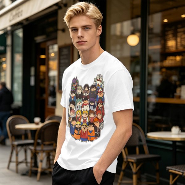 Olive T-shirt with cute chibi anime character group print