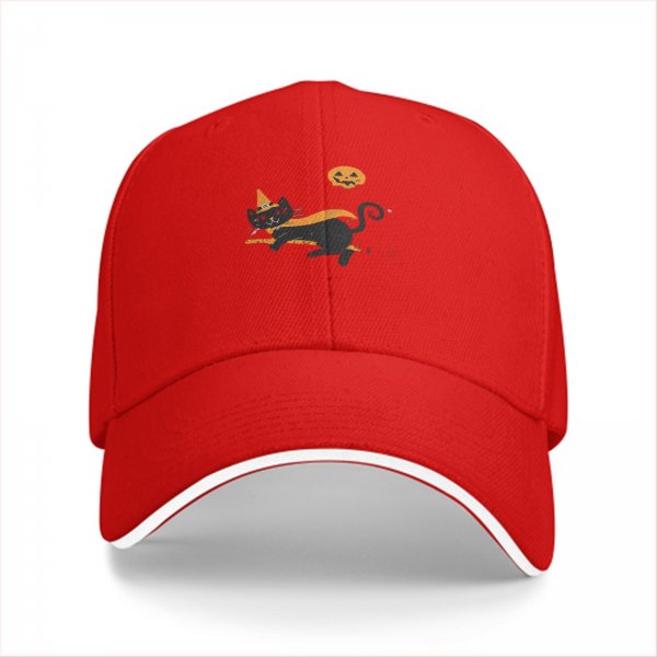 Black Baseball Cap with Halloween Witch Cat and Jack-o'-lantern Design