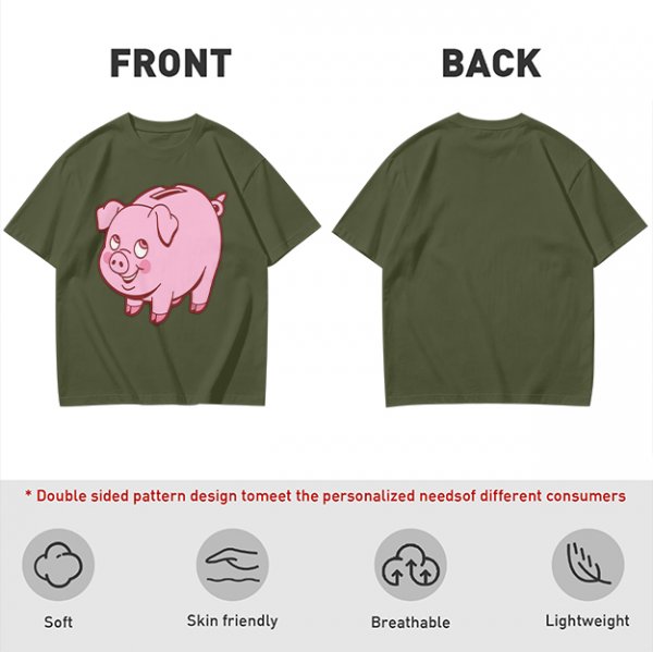 Olive Green T-Shirt With Cute Pink Piggy Bank Graphic Print