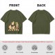 Olive Green T-Shirt With Chasing Chickens And Elf Character Print