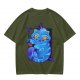 Olive T-Shirt With Cheshire Cat And Crow Graphic Print