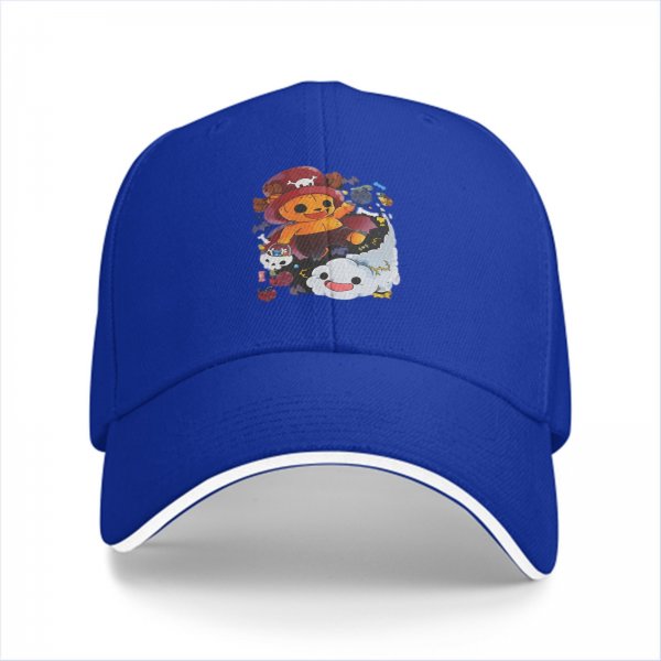 Black baseball cap with cute anime pirate character and cloud graphic