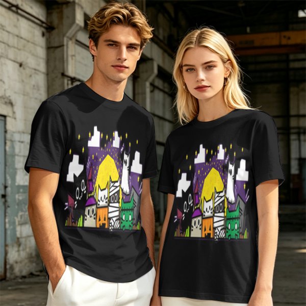 Olive T-Shirt With Halloween Themed Cute Cat Characters Print