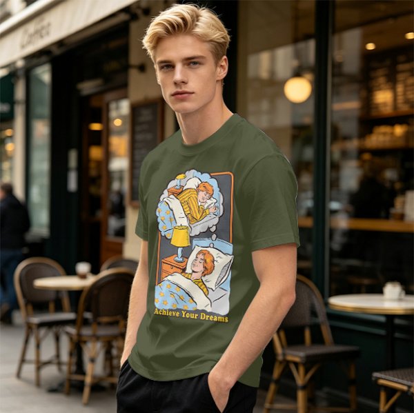 Olive graphic t-shirt with sleeping person and 'Achieve Your Dreams' text