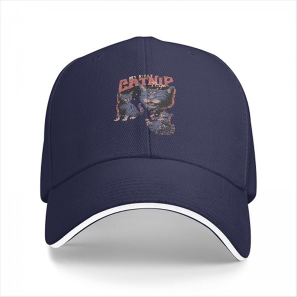 Black baseball cap with 'My First Catnip' and cat graphic print