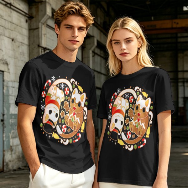 Olive Green T-Shirt With Christmas Cat Gingerbread Candy Print