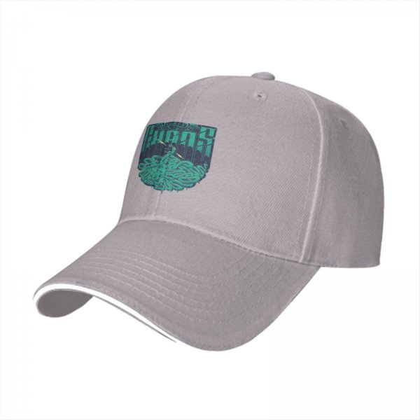 Black baseball cap with teal snake and text graphic
