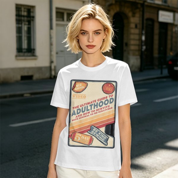 Olive t-shirt with retro guide to adulthood VHS-style print
