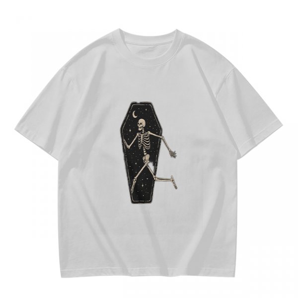 Olive t-shirt with skeleton running from starry coffin graphic