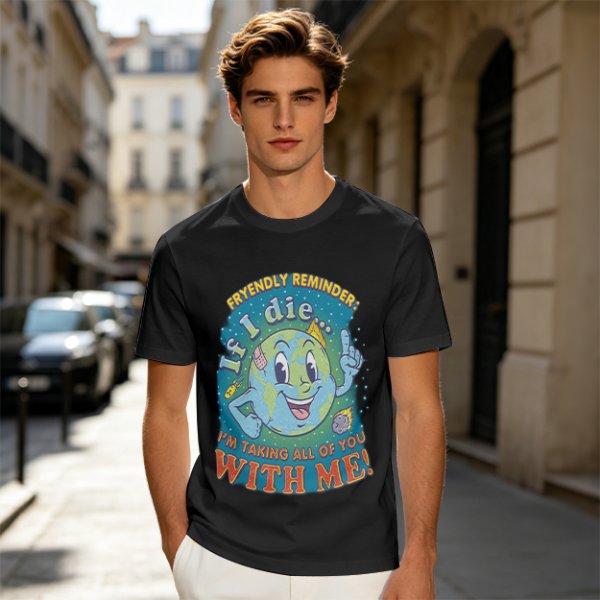 Olive t-shirt with cartoon earth 'friendly reminder' print