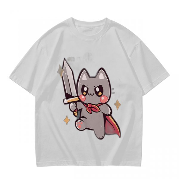Olive T-shirt with cute warrior cat holding a sword graphic