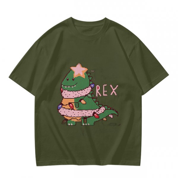 Olive T-shirt with Christmas T-Rex Dinosaur Graphic