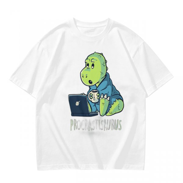 Olive t-shirt with a cartoon dinosaur working on laptop holding coffee