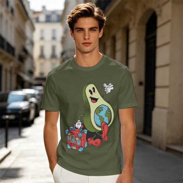 Olive T-Shirt with Cartoon Avocado Globe Travel Print