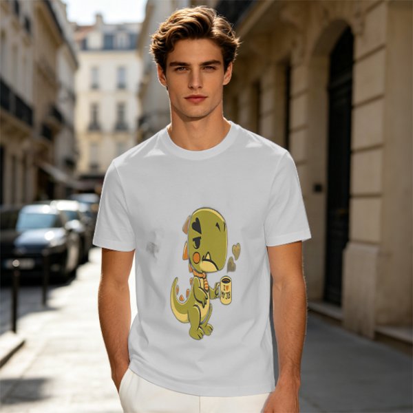 Olive T-shirt with a grumpy cartoon dinosaur holding a coffee mug