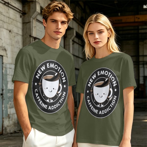 Olive t-shirt with 'New Emotion Caffeine Addiction' coffee cup graphic