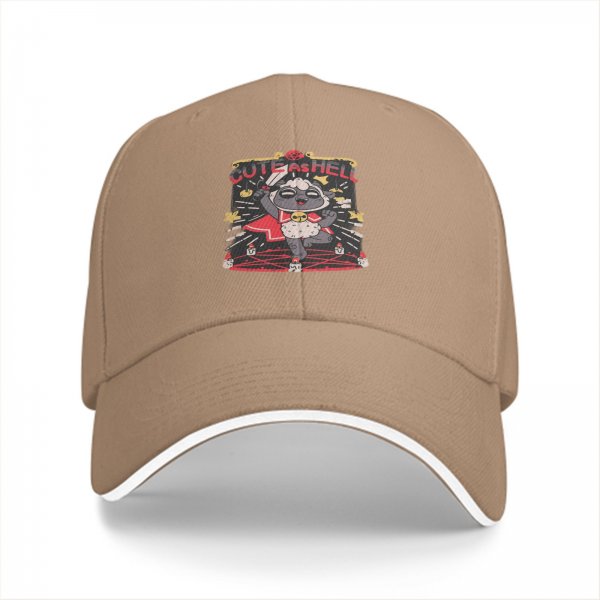 Black baseball cap with cute lamb holding sword 'Cute As Hell' graphic
