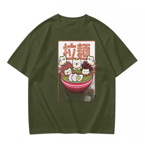 Olive T-Shirt With Cute Ramen Cat Bowl Graphic Print
