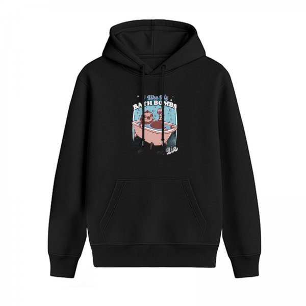 Black hoodie with sloth in bathtub graphic and bath bombs text