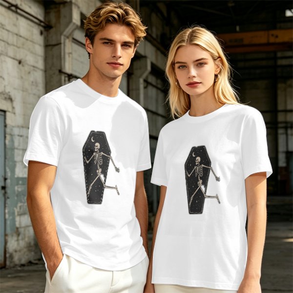 Olive t-shirt with skeleton running from starry coffin graphic