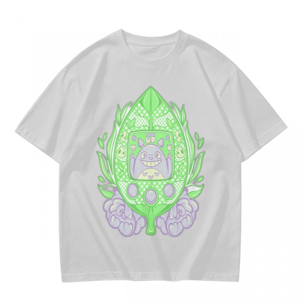 Olive Green T-Shirt With Leaf Shaped Tamagotchi Totoro Print
