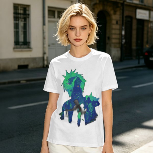 Olive Green Anime Graphic T-Shirt with Spiky Character Art