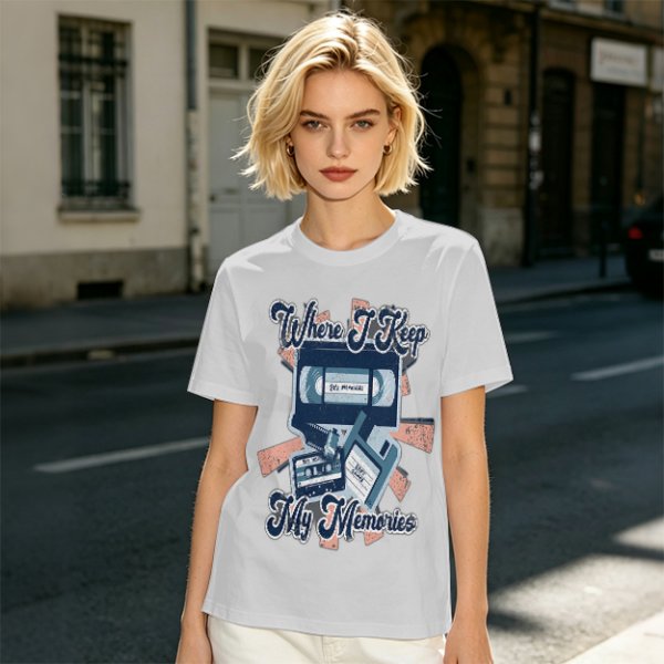 Olive Retro T-Shirt With Vintage Media Print 'Where I Keep My Memories'