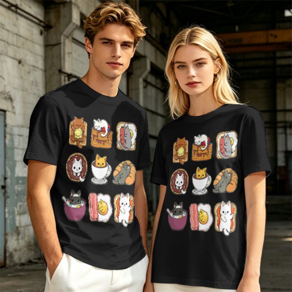Olive T-Shirt With Cute Breakfast Cat Graphic Print